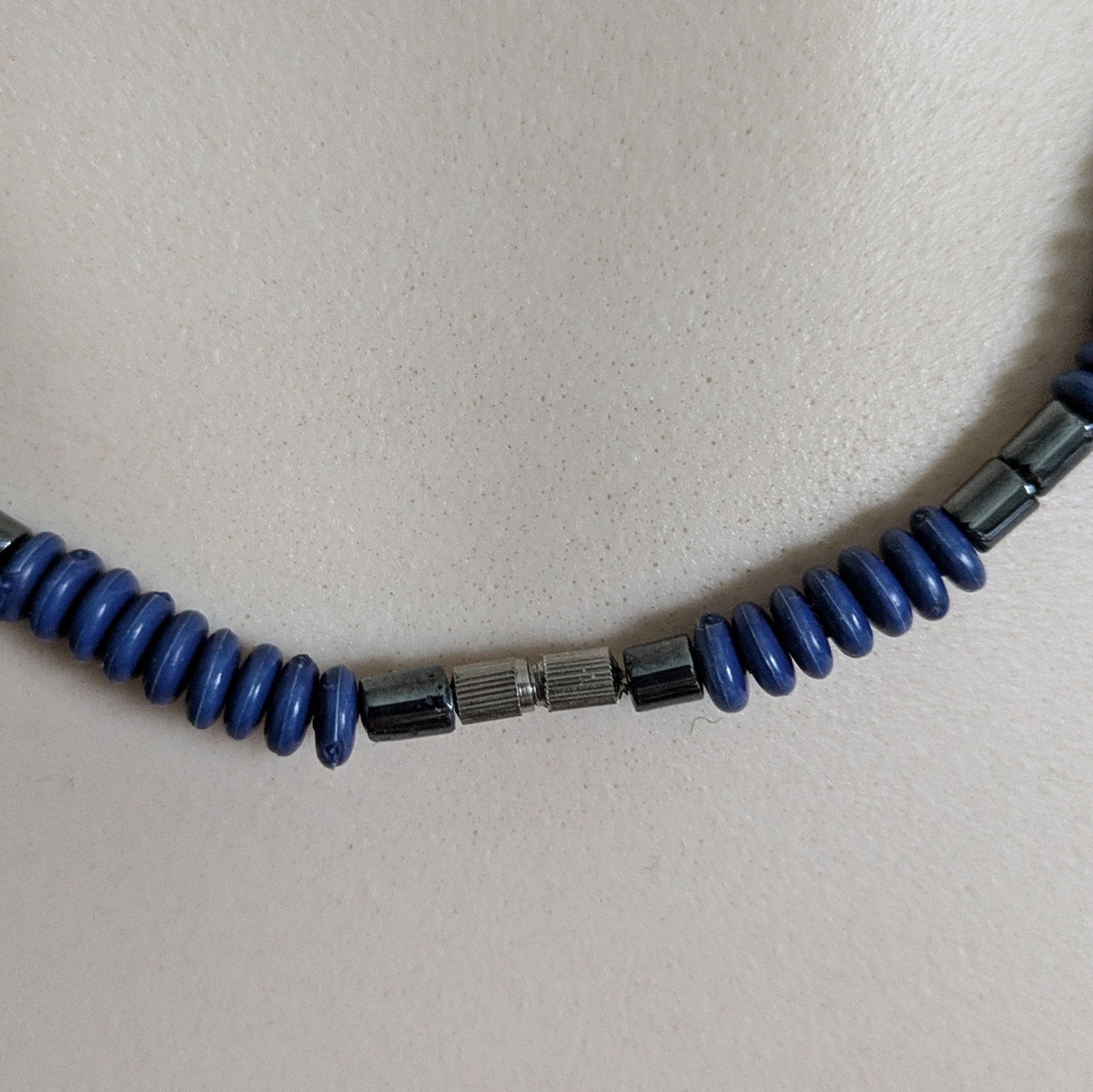 Vintage Blue & Black Beaded Necklace Men Women Unisex Boho Gypsy Coastal Cadual - Picture 6 of 9